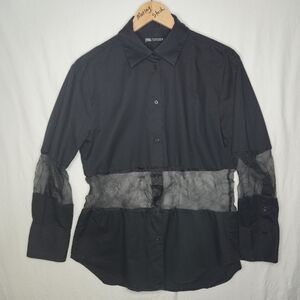 Zara Ladies Sheer Black Long Sleeved Collared Blouse Size Small